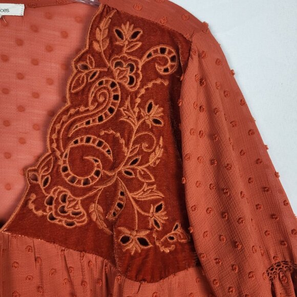 Maurices Boho Top Women's Large Burnt Orange Velvet Embroidered Balloon Sleeve - Picture 3 of 9